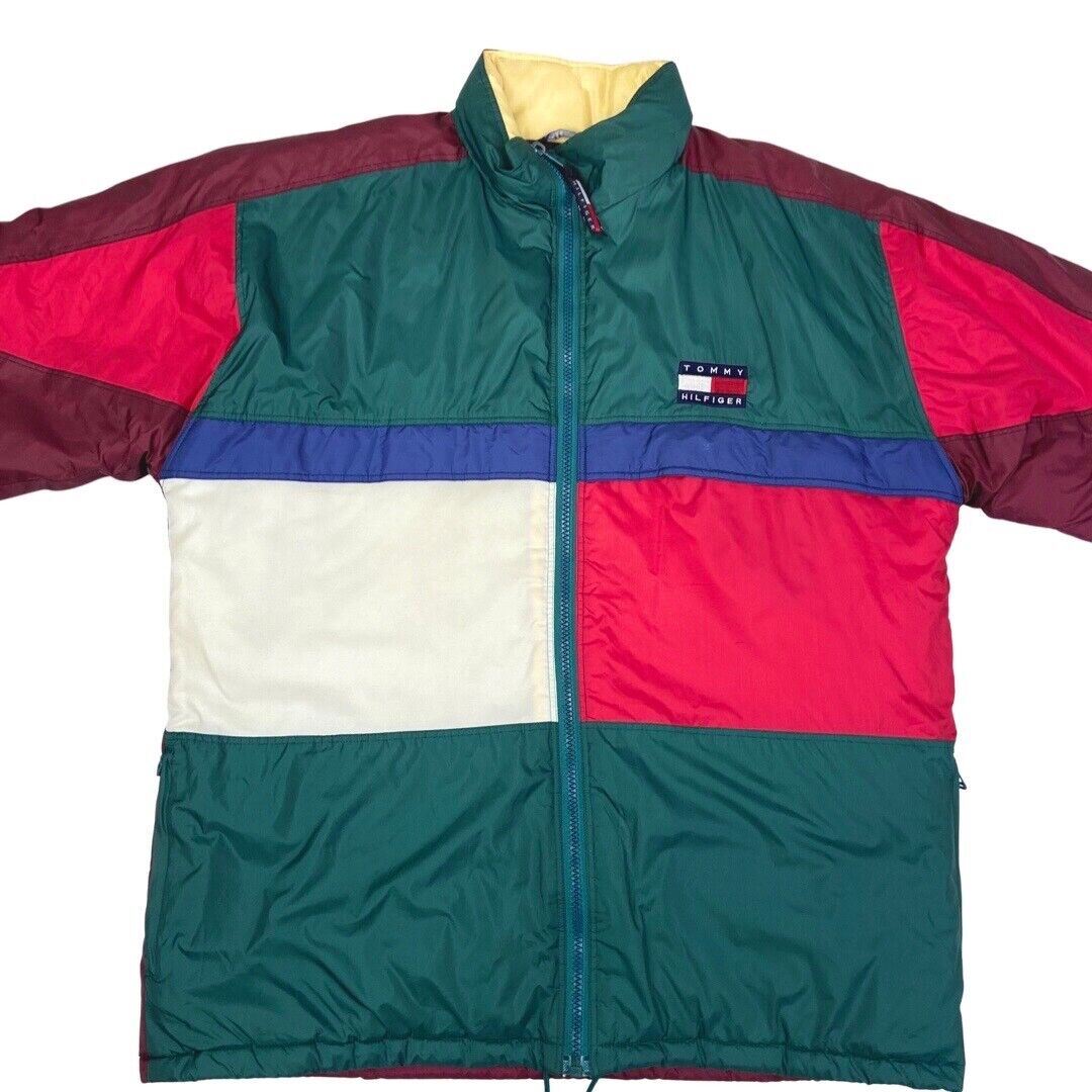 Vintage 90s Red Green Tommy Hilfiger Embroidered Puffa Coat XXL