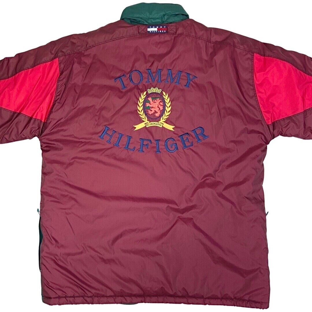 Vintage 90s Red Green Tommy Hilfiger Embroidered Puffa Coat XXL