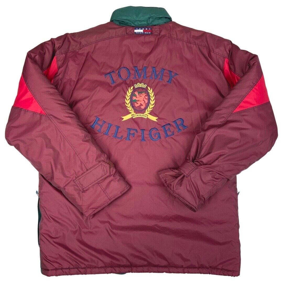 Vintage 90s Red Green Tommy Hilfiger Embroidered Puffa Coat XXL