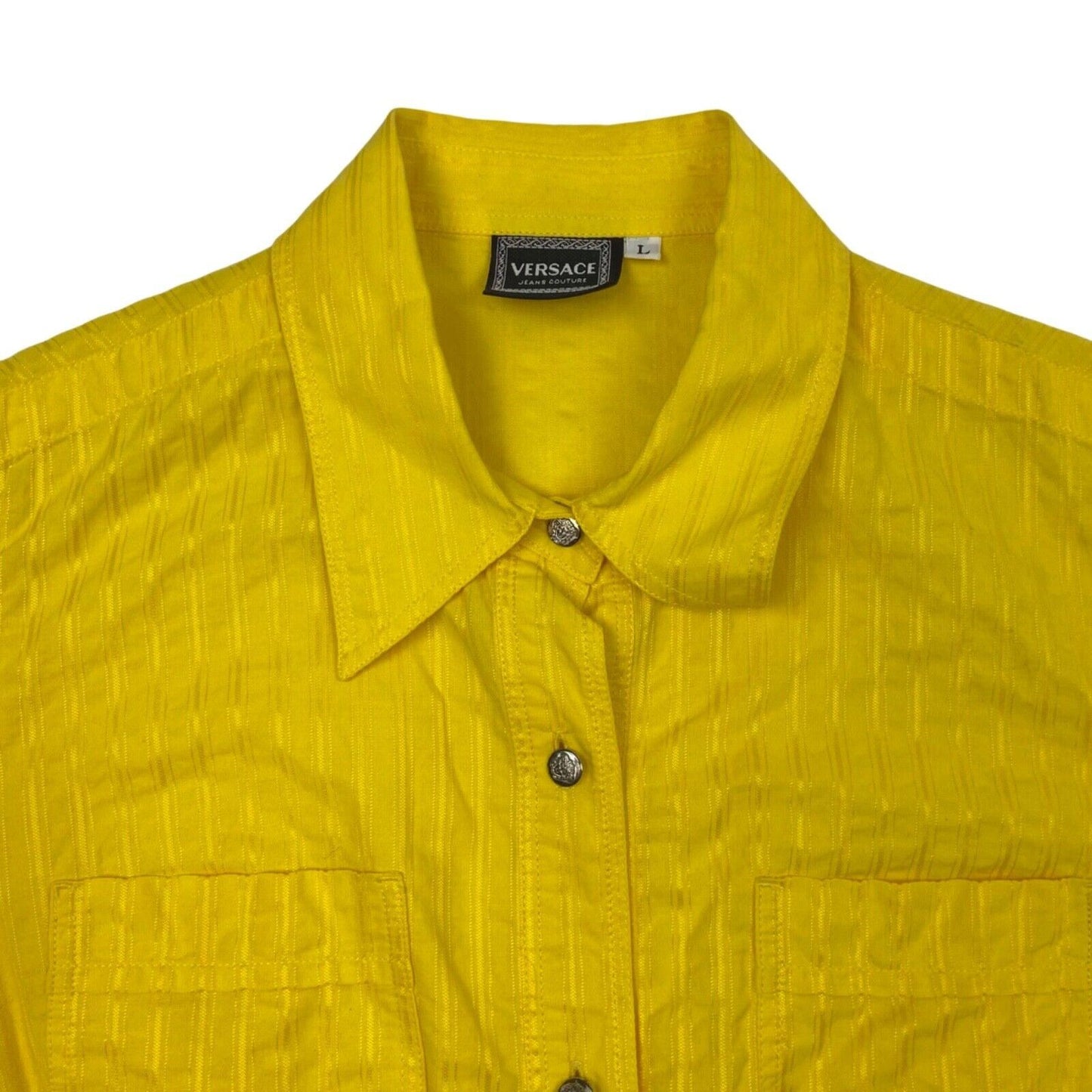 Vintage 90s Yellow Versace Cropped Button Down Shirt 12 14 M