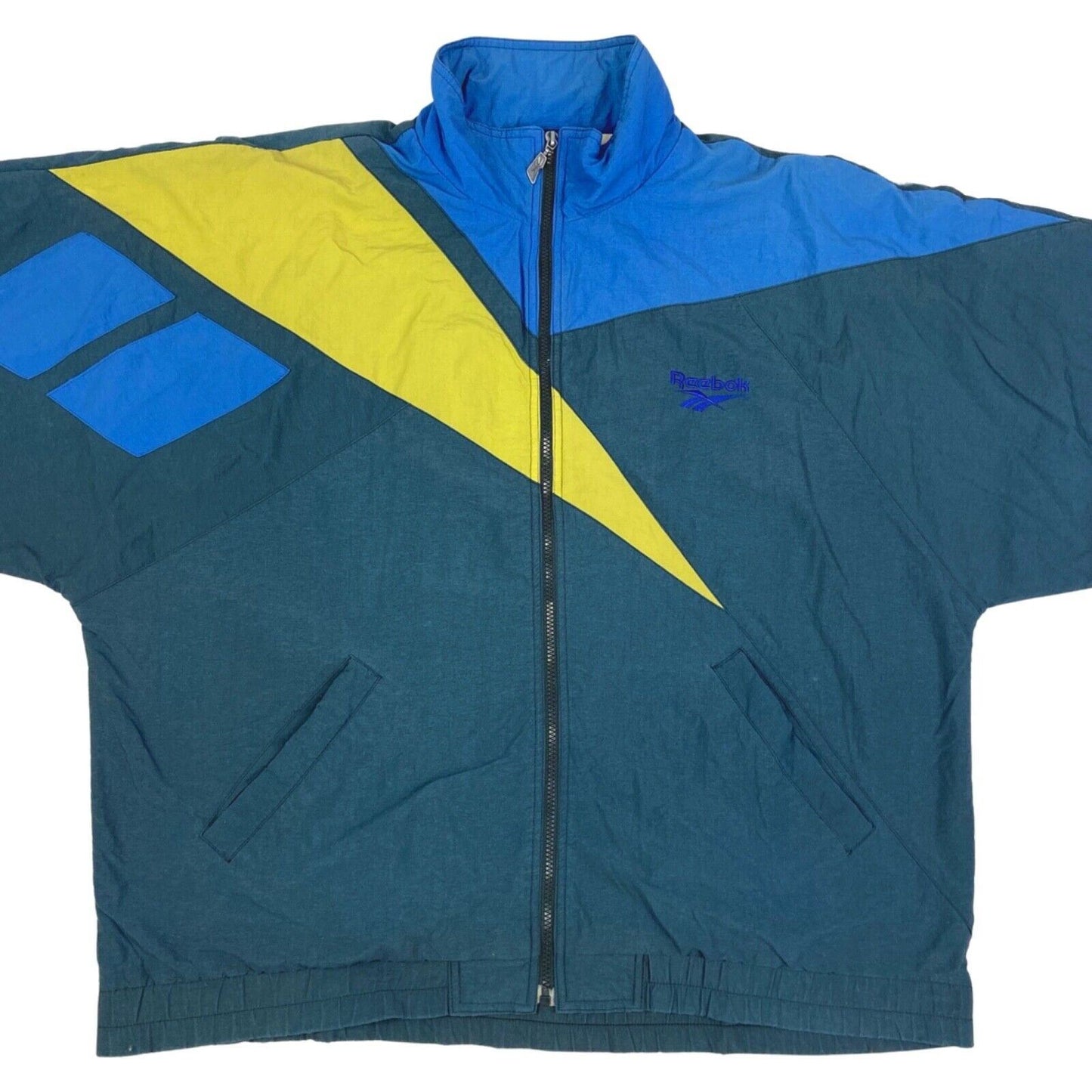 Vintage 90s Grey Yellow Blue Embroidered Reebok Windbreaker Jacket Coat XXL