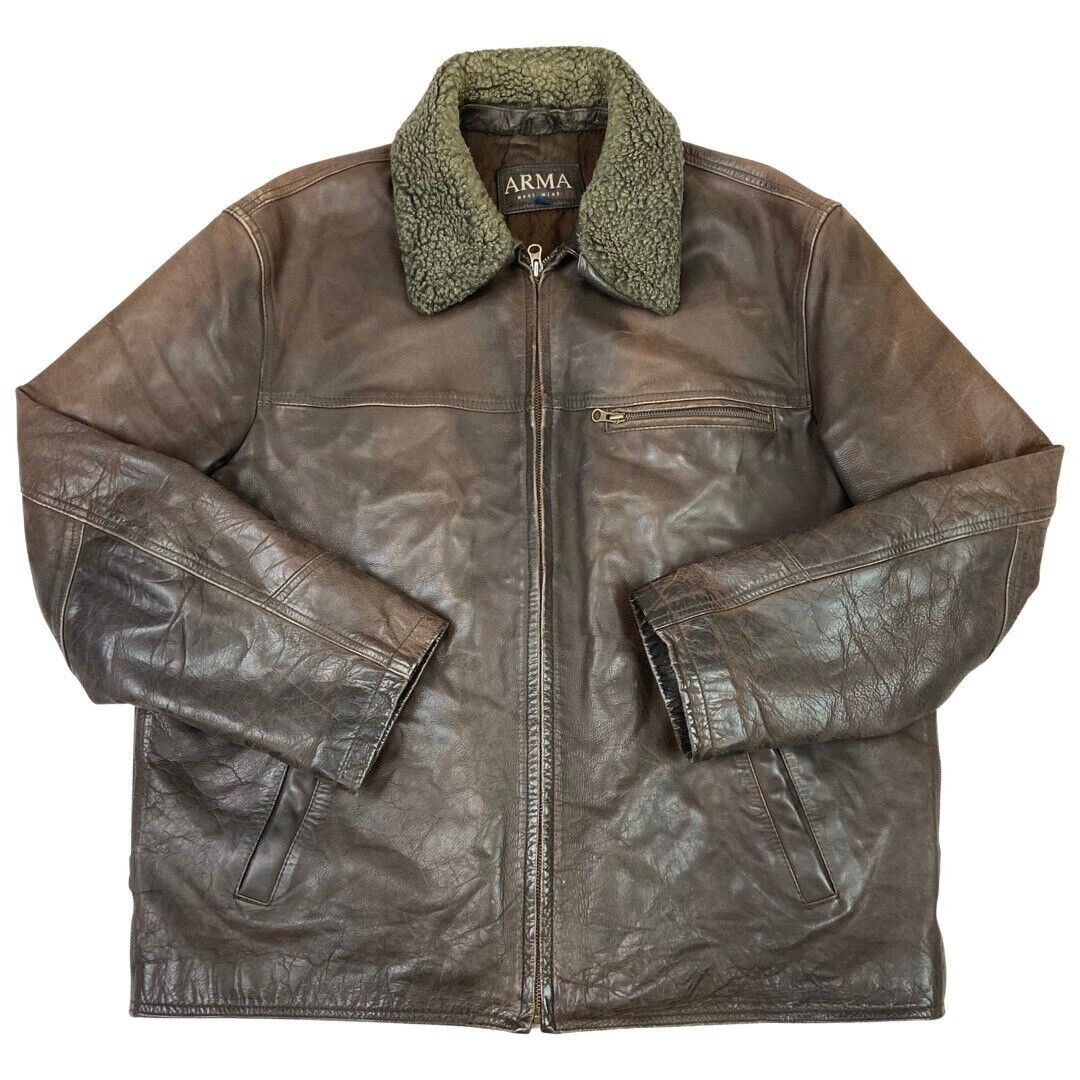 Vintage 90s Brown Leather Zip Down Shearling Collar Aviator Jacket XL