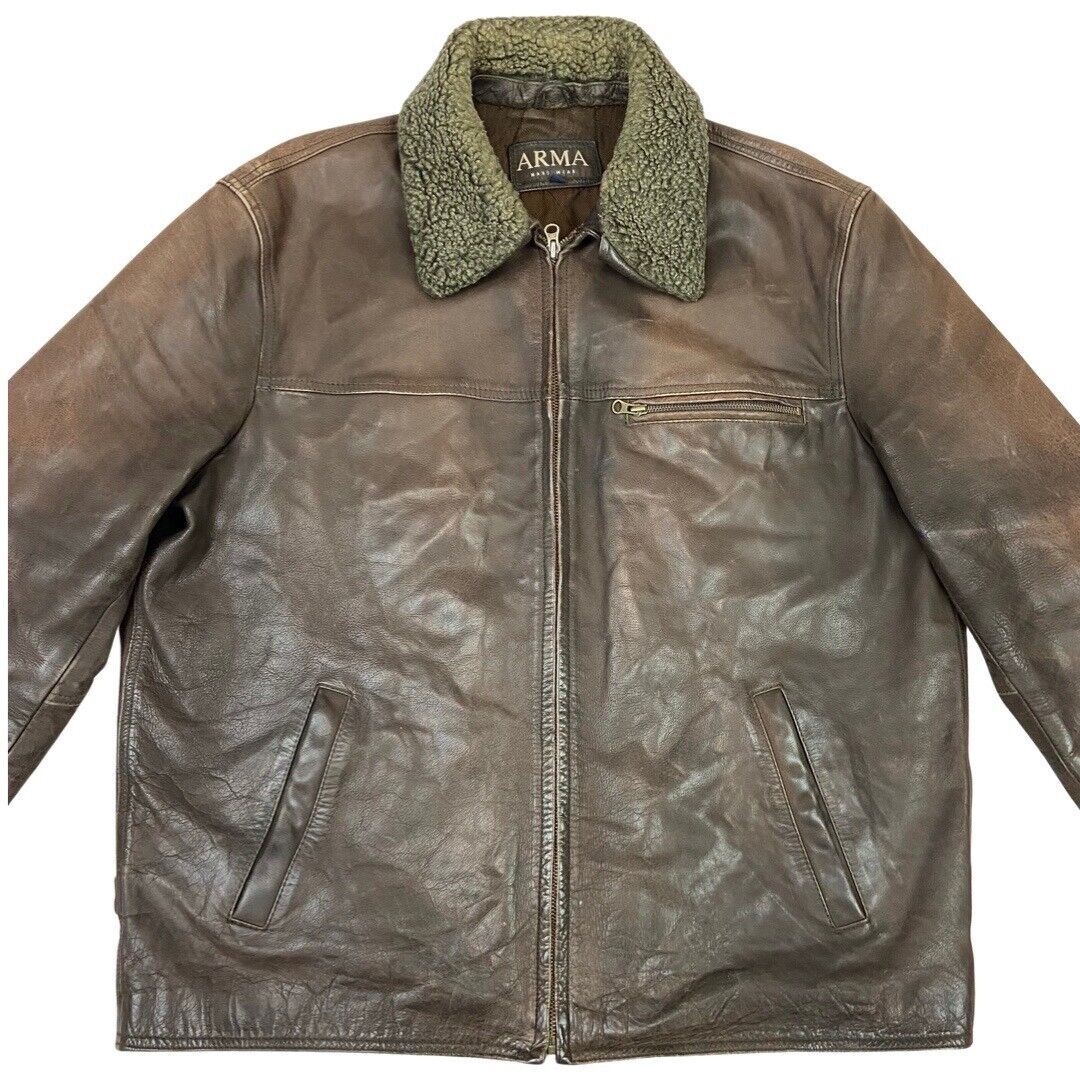 Vintage 90s Brown Leather Zip Down Shearling Collar Aviator Jacket XL
