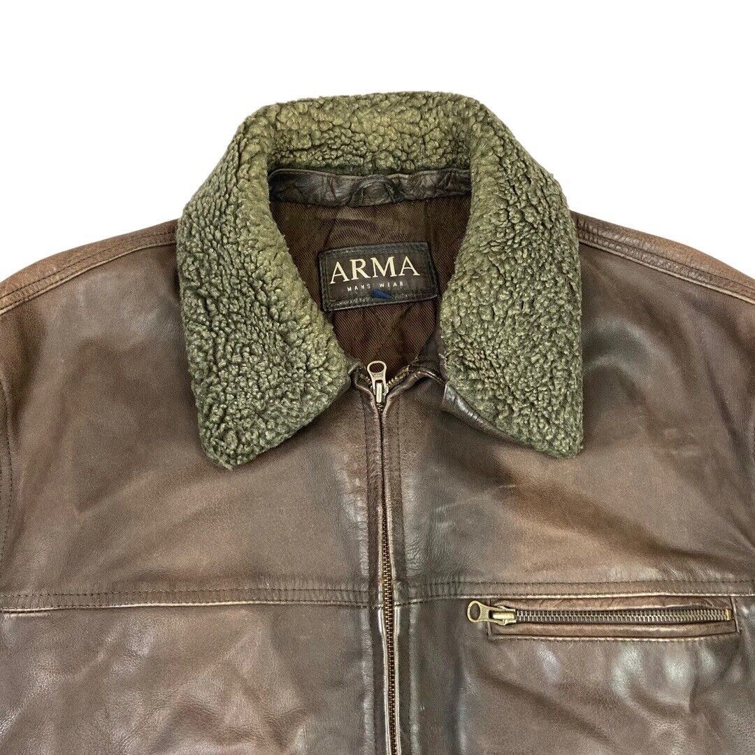 Vintage 90s Brown Leather Zip Down Shearling Collar Aviator Jacket XL