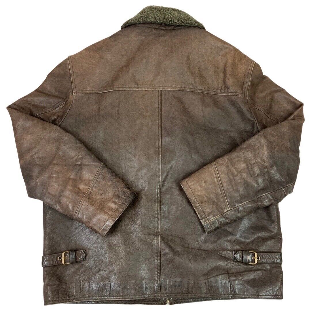 Vintage 90s Brown Leather Zip Down Shearling Collar Aviator Jacket XL