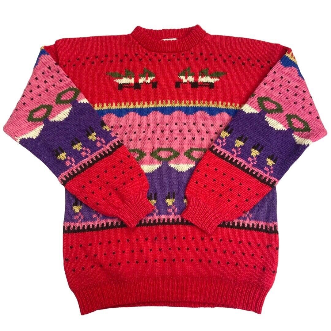 Vintage 90s Red Pink Novelty Pattern Knit Jumper L