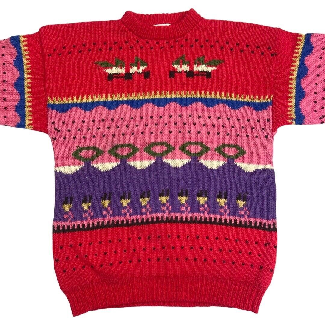 Vintage 90s Red Pink Novelty Pattern Knit Jumper L