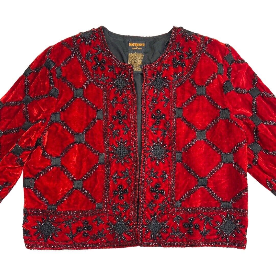 Vintage 80s Red Embroidered Embellished Cropped Velvet Jacket 12 14 M
