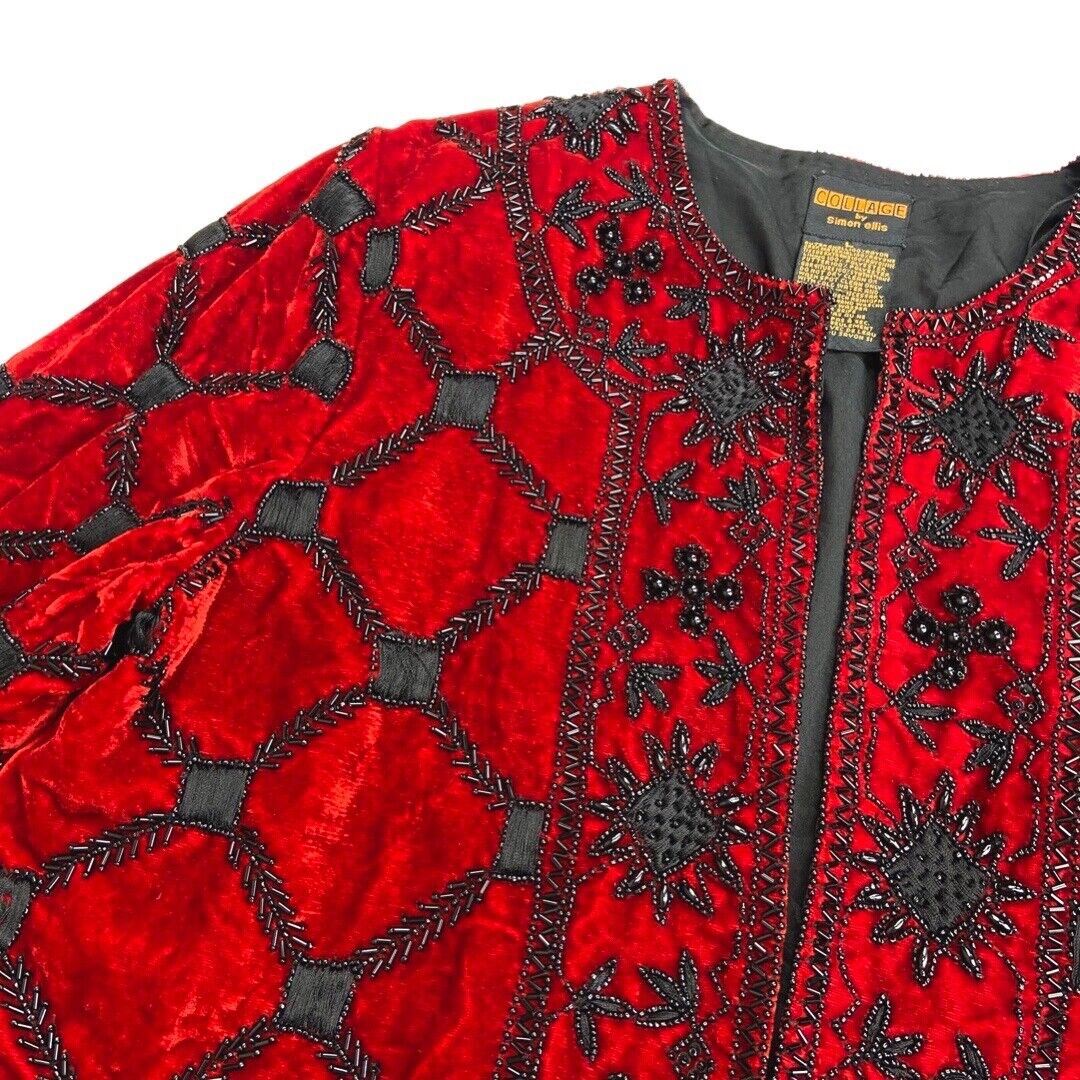Vintage 80s Red Embroidered Embellished Cropped Velvet Jacket 12 14 M