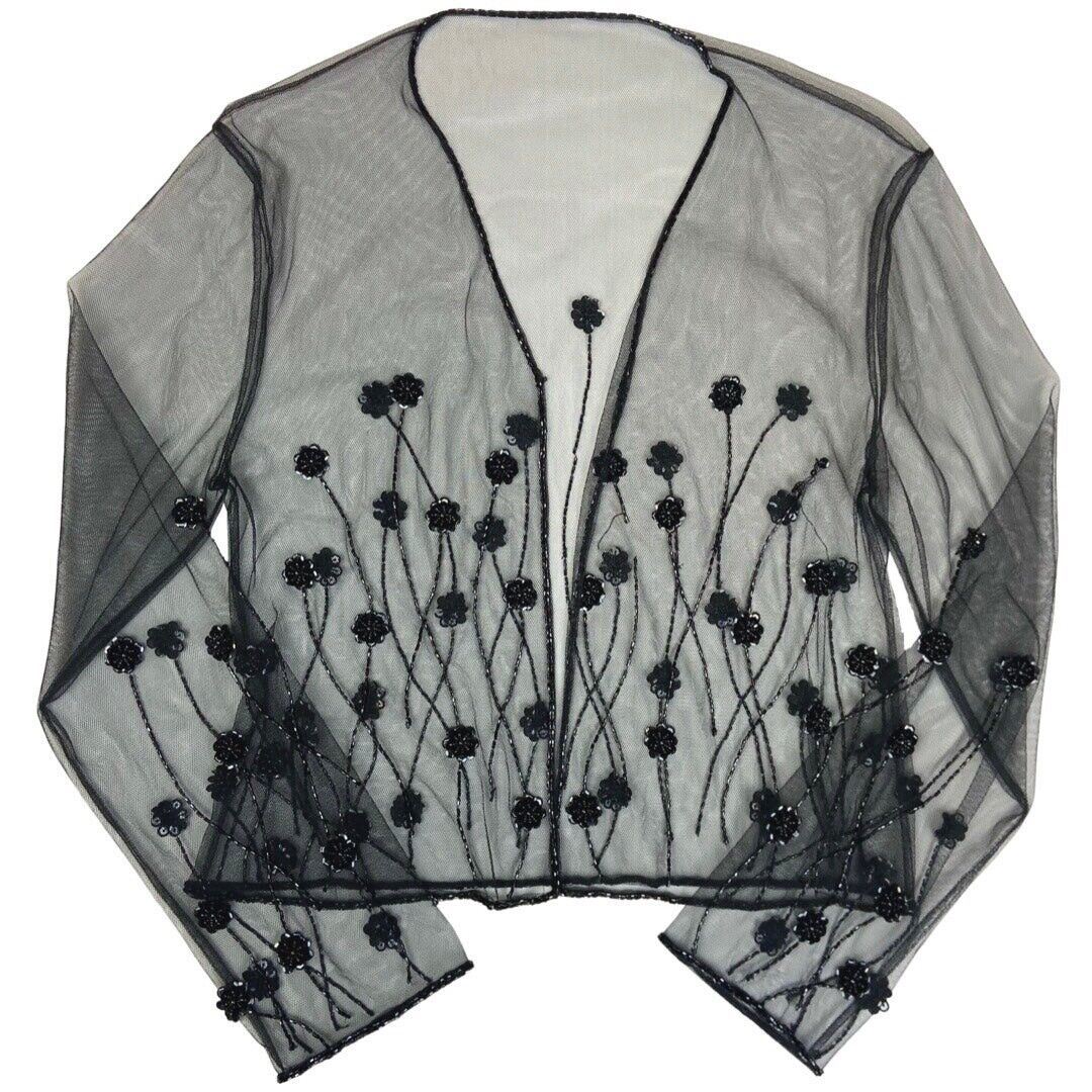 Vintage 90s 00s Black Mesh Embellished Long Sleeve Sparkly Party Top S