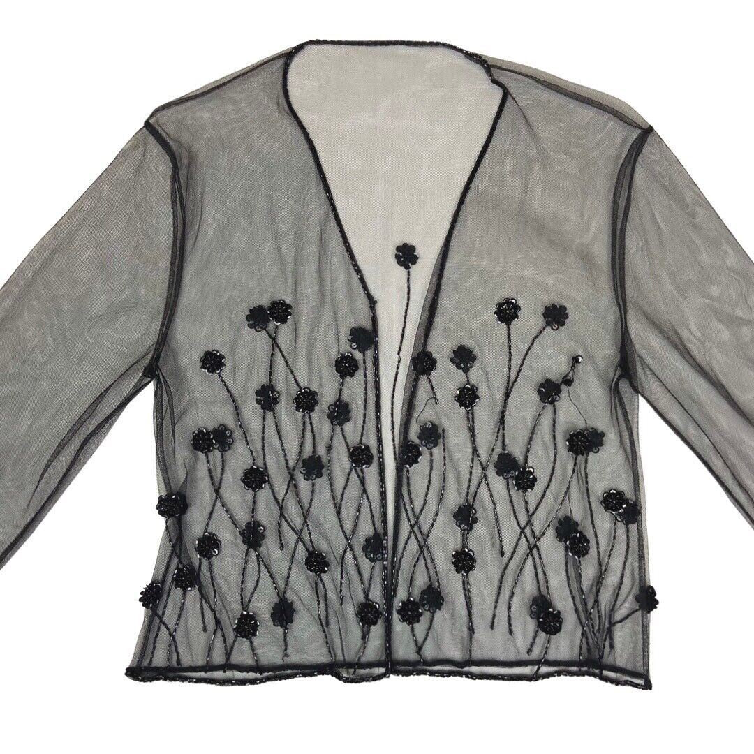 Vintage 90s 00s Black Mesh Embellished Long Sleeve Sparkly Party Top S