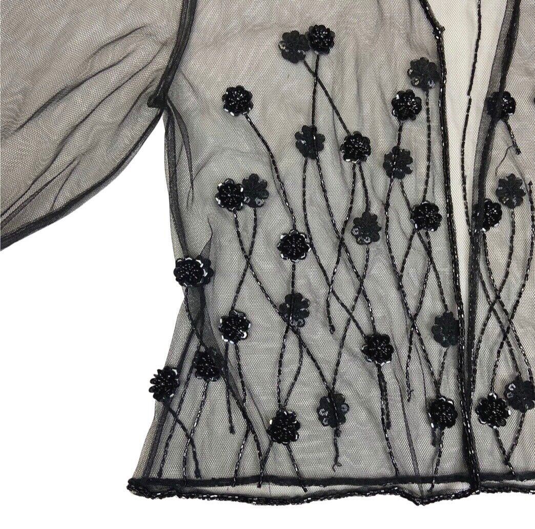 Vintage 90s 00s Black Mesh Embellished Long Sleeve Sparkly Party Top S