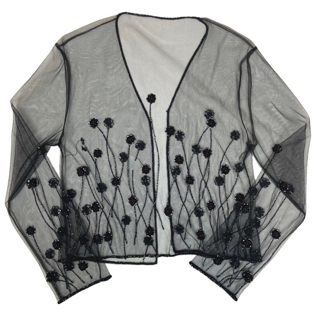 Vintage 90s 00s Black Mesh Embellished Long Sleeve Sparkly Party Top S