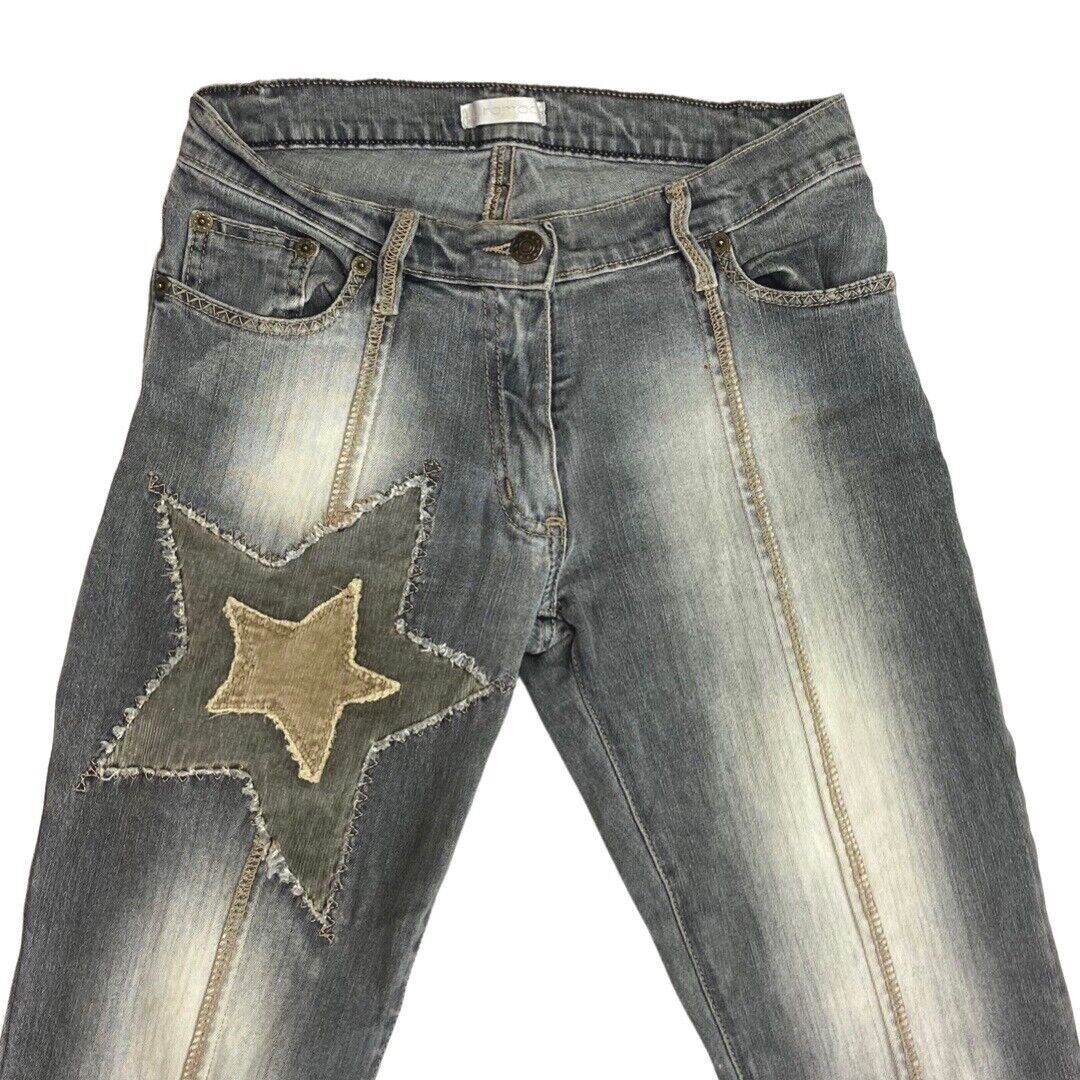 Vintage 90s Y2K Grey Denim Flared Embroidered Embellished Low Rise Jeans 6 XS