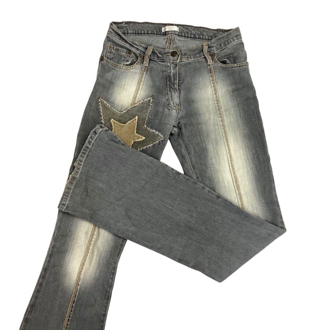 Vintage 90s Y2K Grey Denim Flared Embroidered Embellished Low Rise Jeans 6 XS