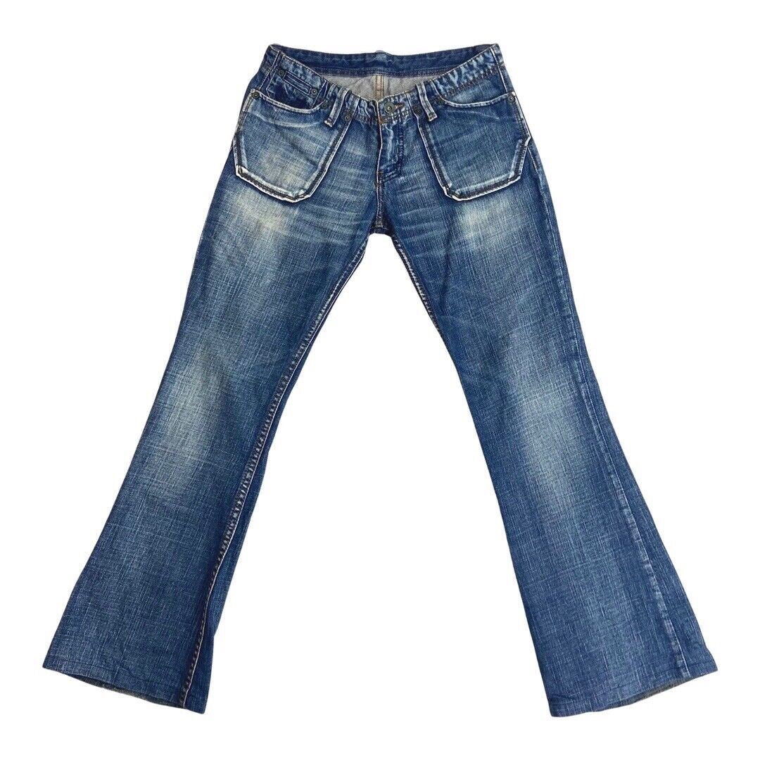 Vintage 90s Y2K Blue Denim Flared Kaporals Low Rise Embroidered Jeans 8 10 S
