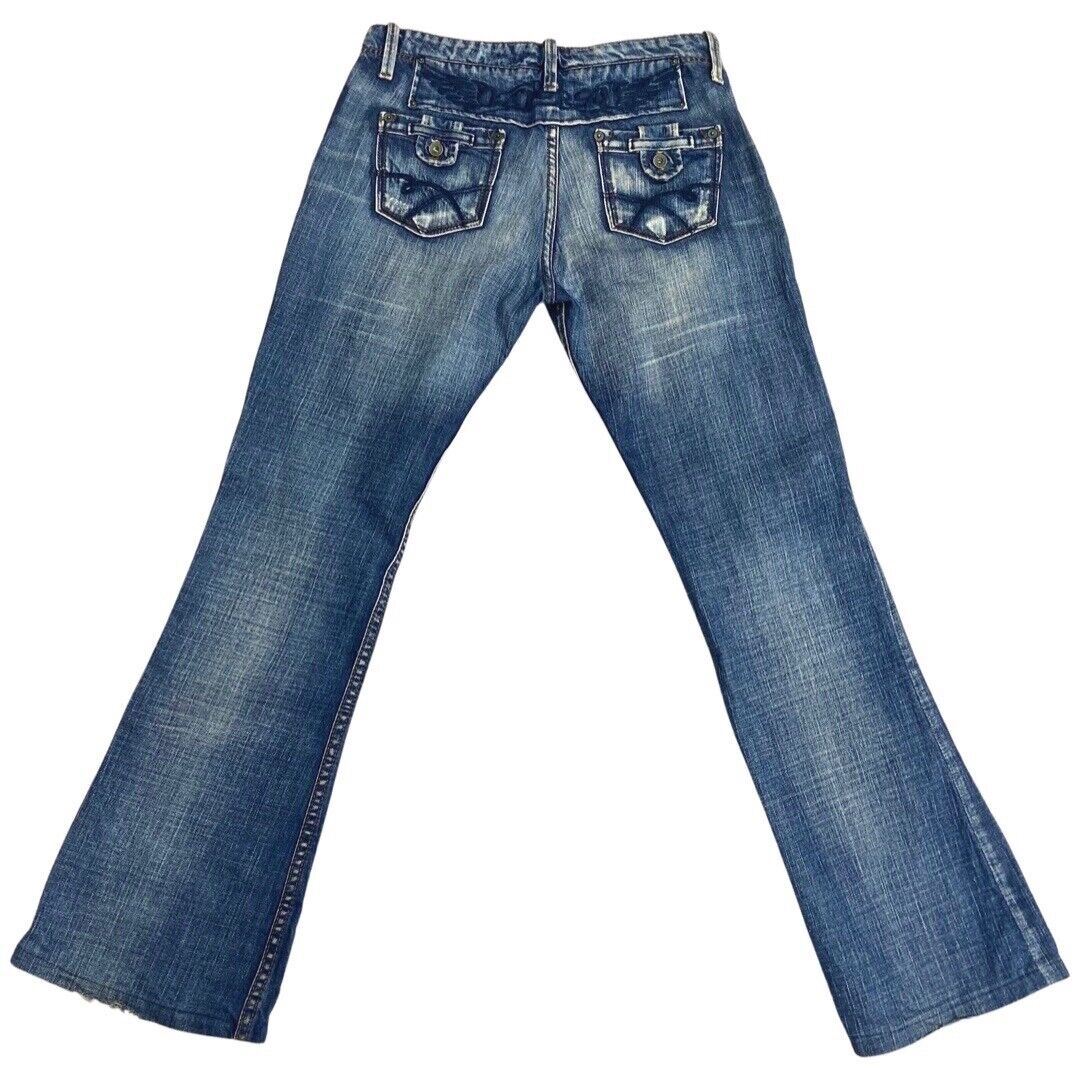 Vintage 90s Y2K Blue Denim Flared Kaporals Low Rise Embroidered Jeans 8 10 S