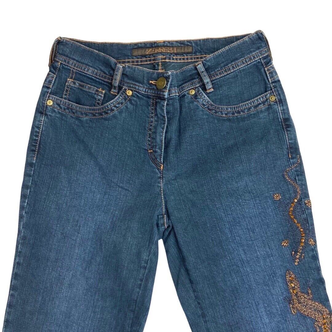 Vintage 90s Y2K Blue Flared Mid Rise Embroidered Embellished Jeans 10 S