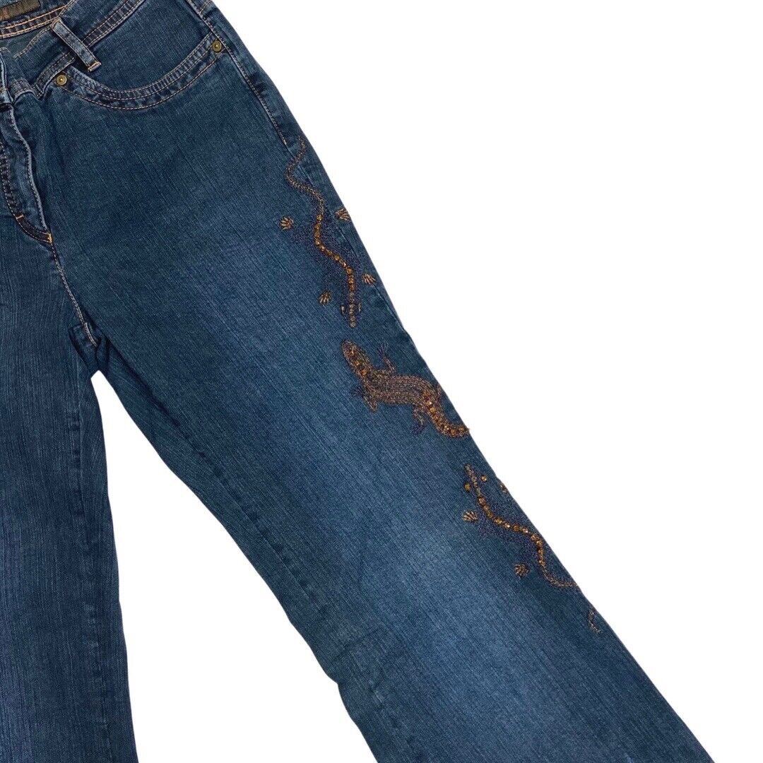 Vintage 90s Y2K Blue Flared Mid Rise Embroidered Embellished Jeans 10 S
