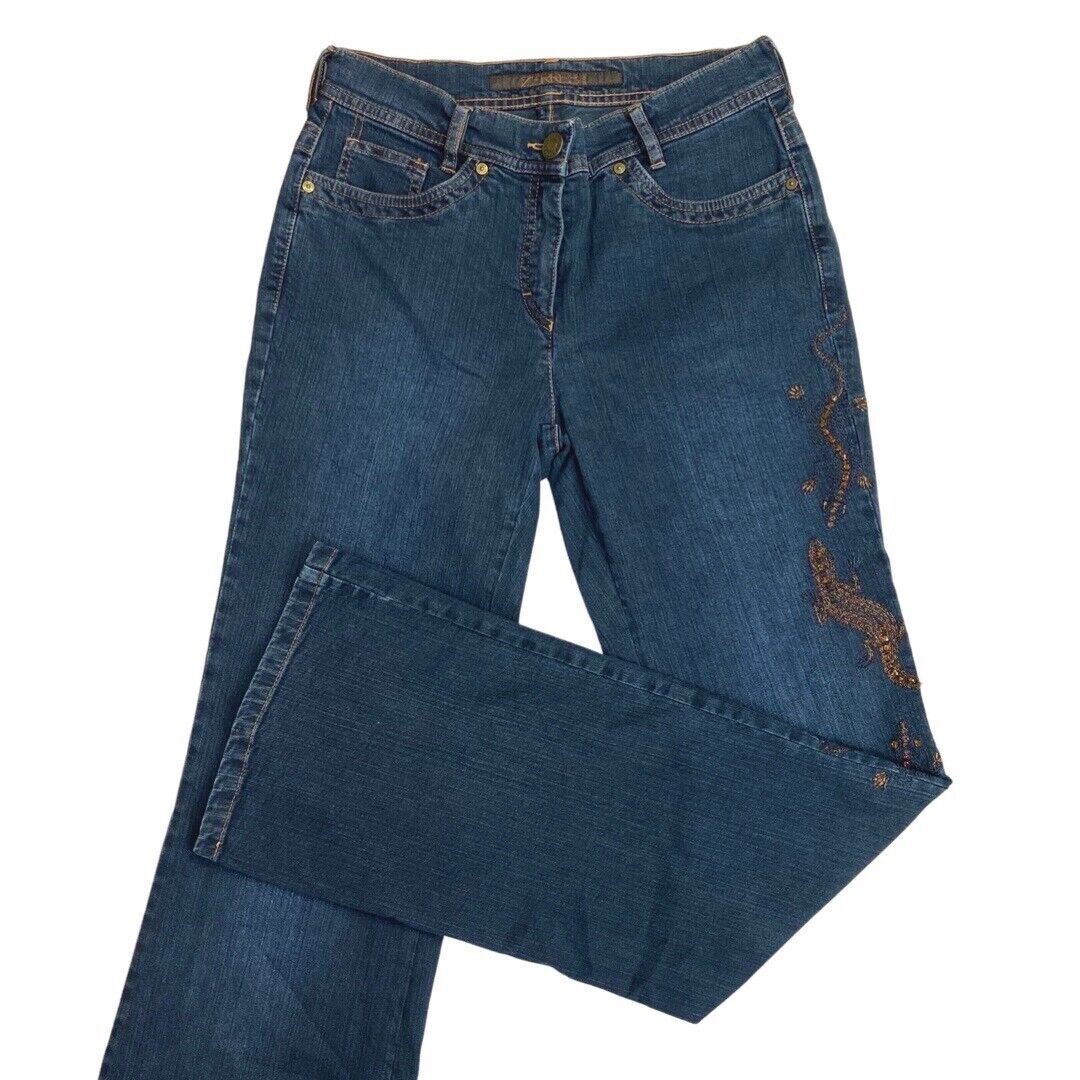Vintage 90s Y2K Blue Flared Mid Rise Embroidered Embellished Jeans 10 S