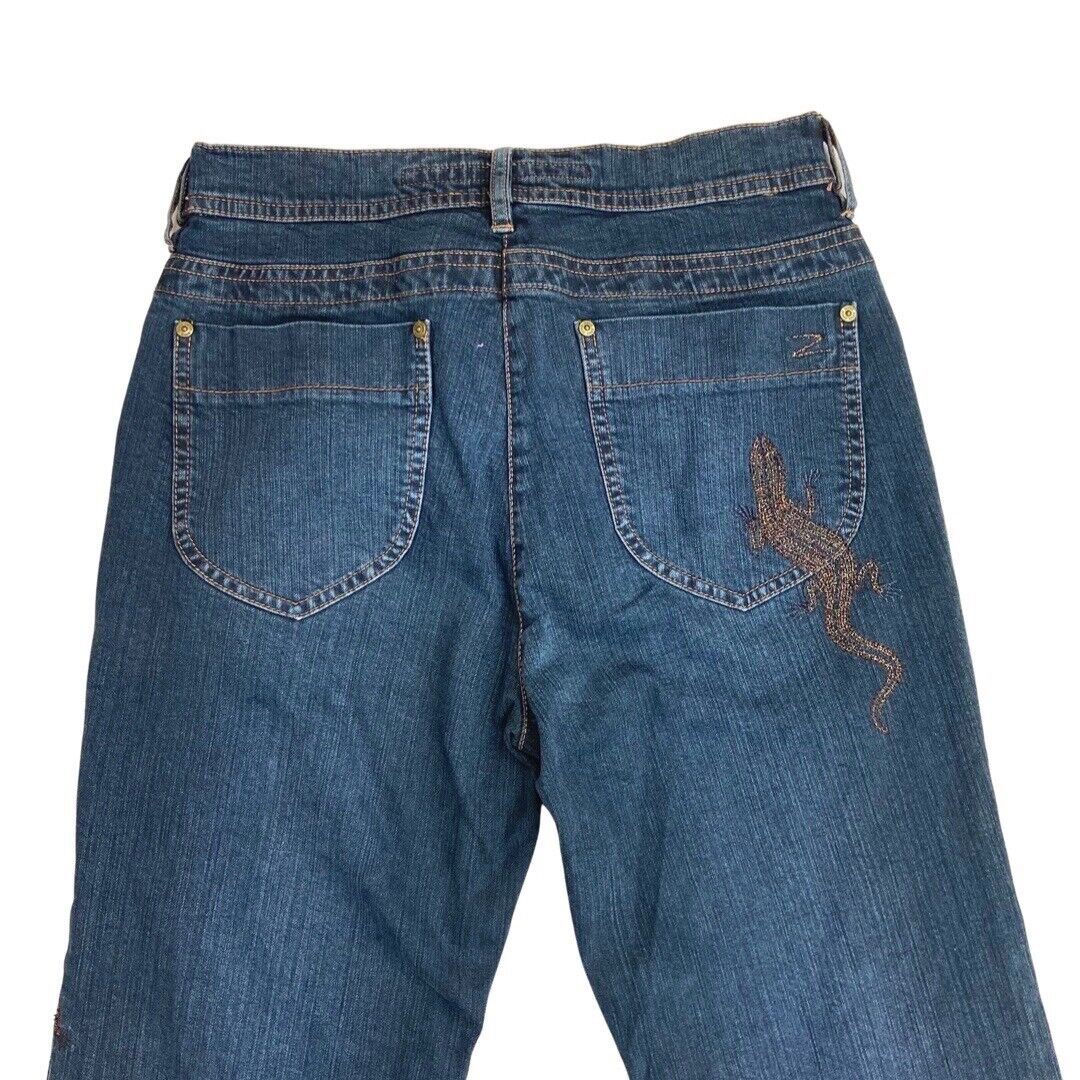 Vintage 90s Y2K Blue Flared Mid Rise Embroidered Embellished Jeans 10 S
