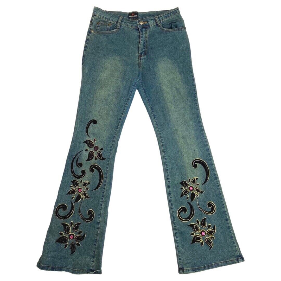 Vintage 90s Y2K Blue Flared Mid Rise Embellished Jeans 12 M