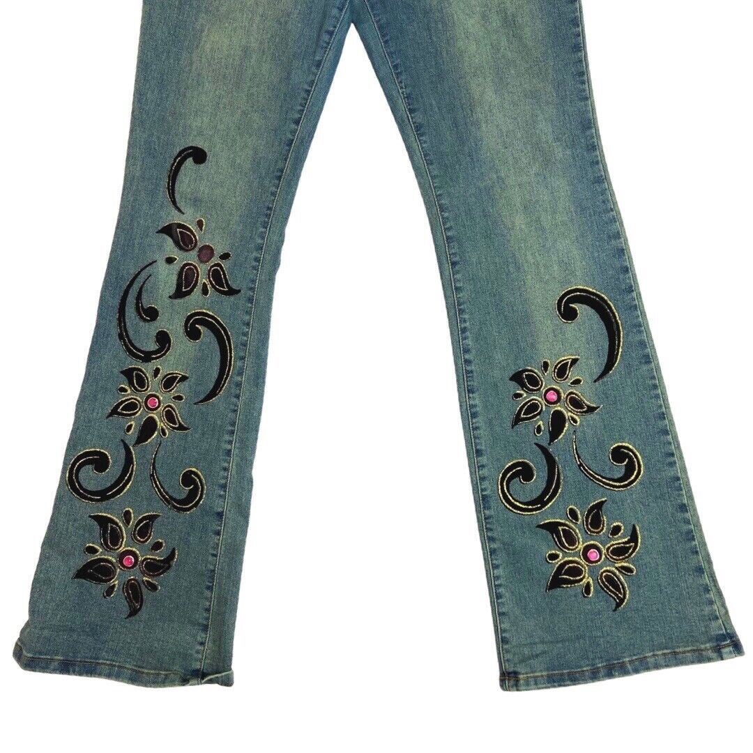 Vintage 90s Y2K Blue Flared Mid Rise Embellished Jeans 12 M