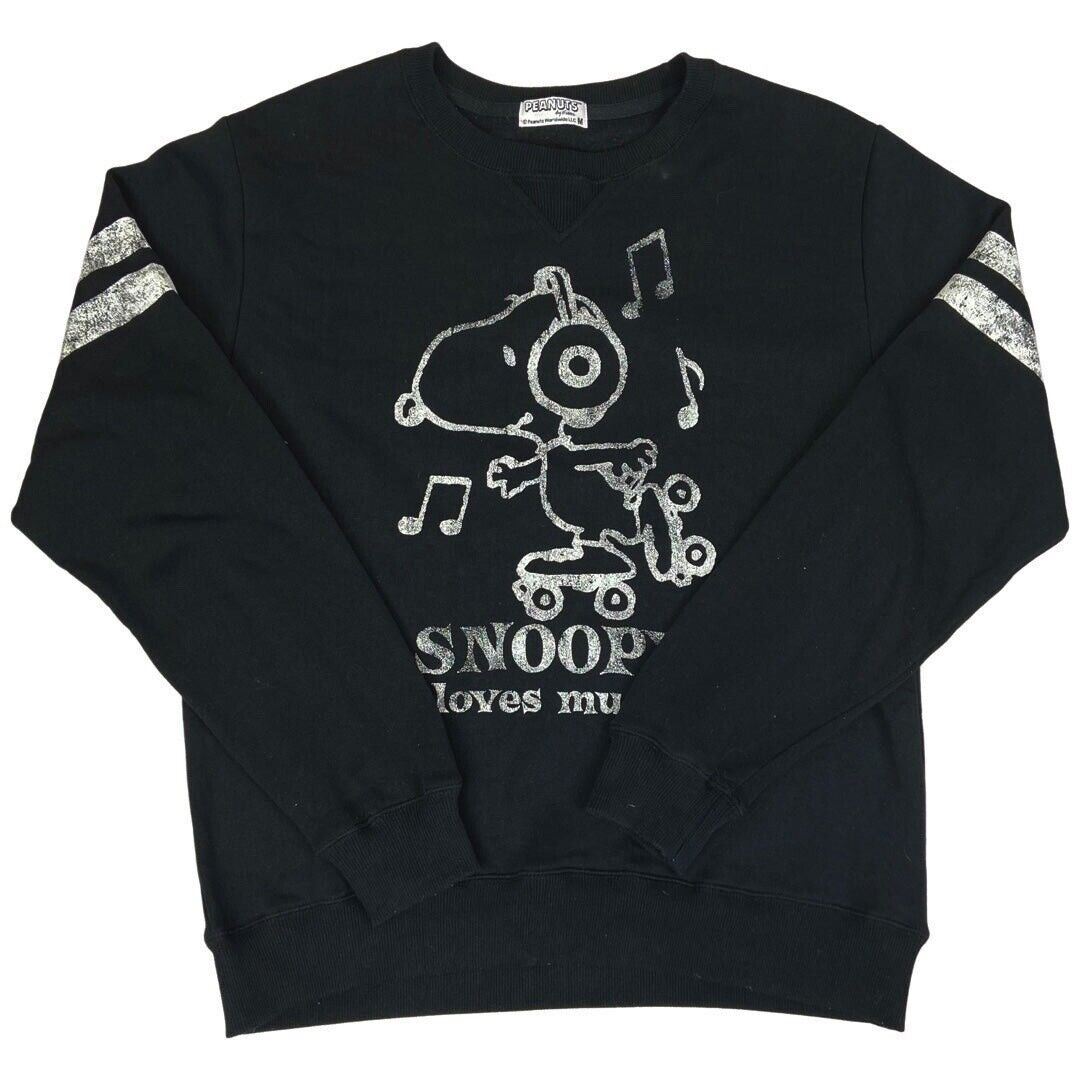 Vintage 90s 00s Black Peanuts Snoopy Loves Music Sweater sweatshirt jumper M
