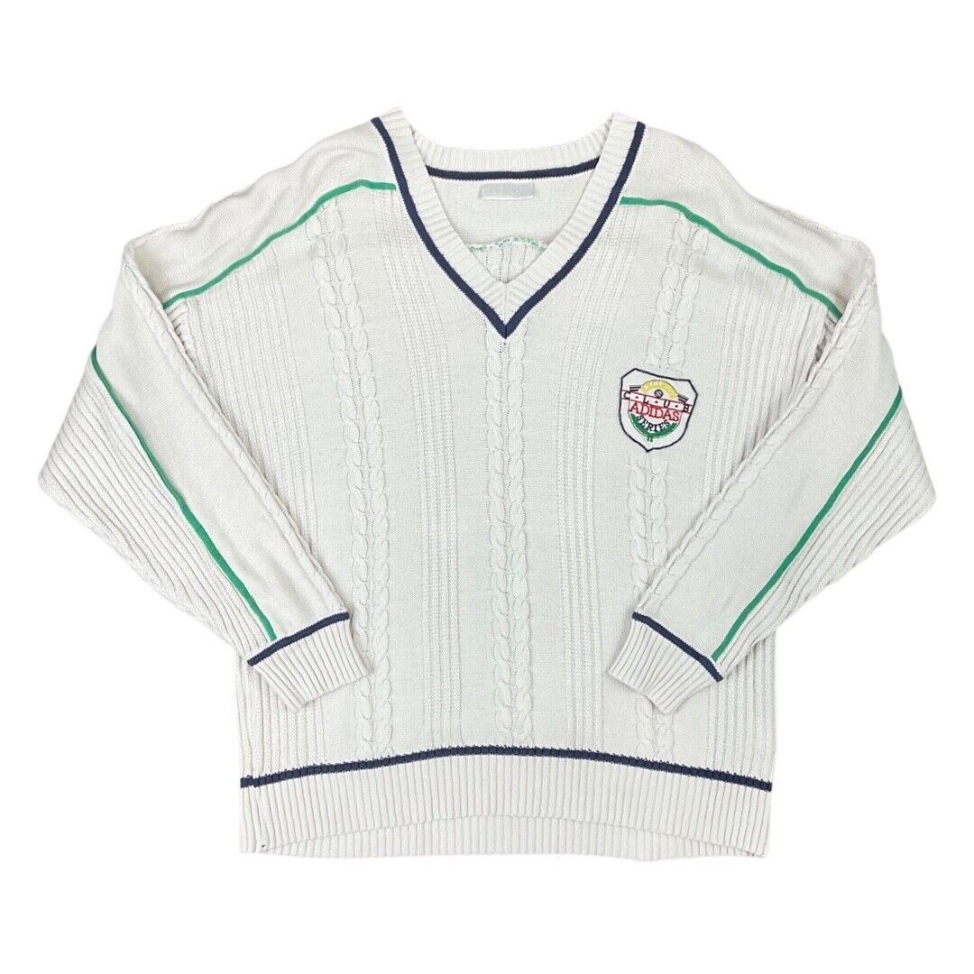 Vintage 80s White Cable Knit Embroidered Club Adidas Cricket Jumper L XL