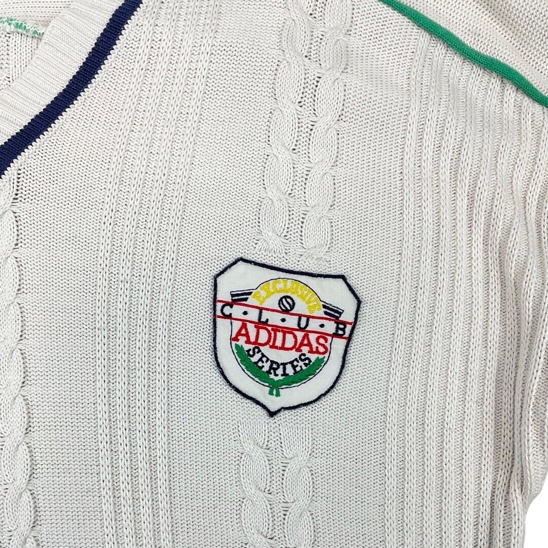 Vintage 80s White Cable Knit Embroidered Club Adidas Cricket Jumper L XL
