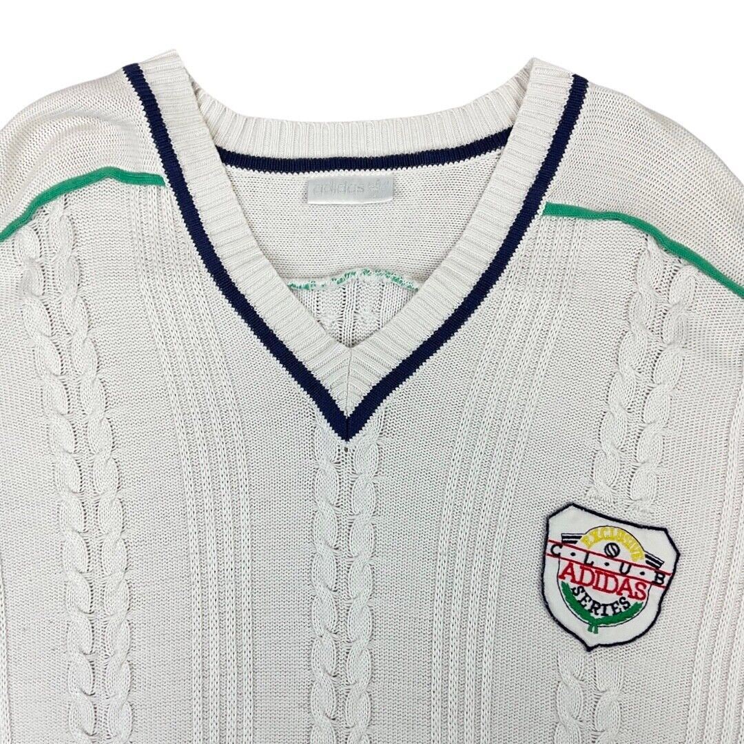 Vintage 80s White Cable Knit Embroidered Club Adidas Cricket Jumper L XL