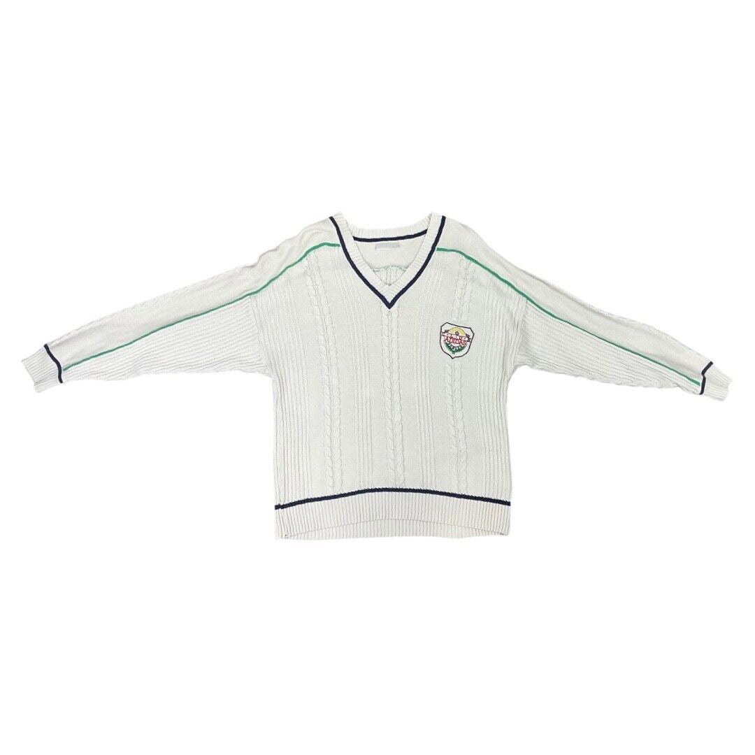 Vintage 80s White Cable Knit Embroidered Club Adidas Cricket Jumper L XL