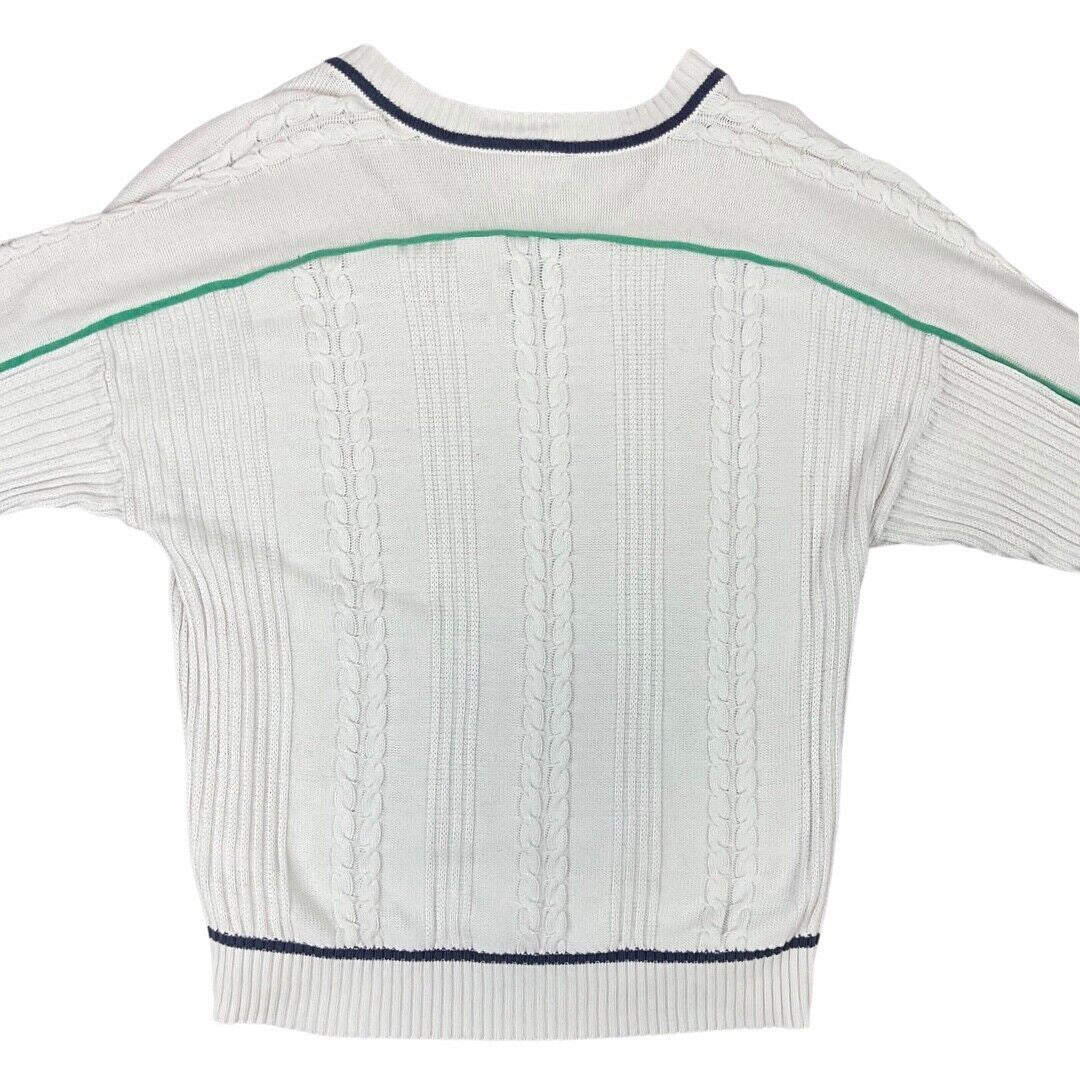 Vintage 80s White Cable Knit Embroidered Club Adidas Cricket Jumper L XL