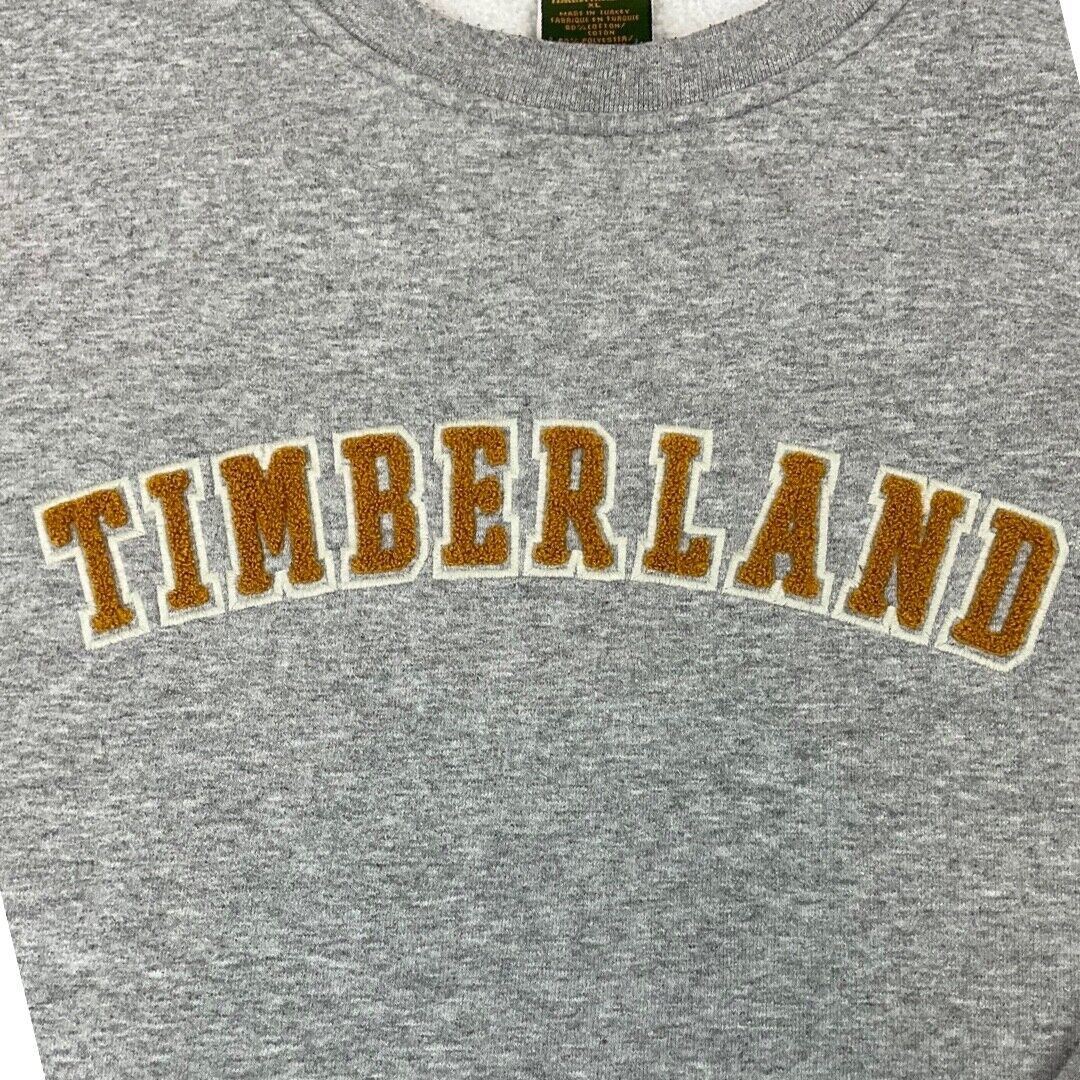 Vintage 90s 00s Grey Timberland Spell Out Letterman Varsity Crew Neck Jumper XL