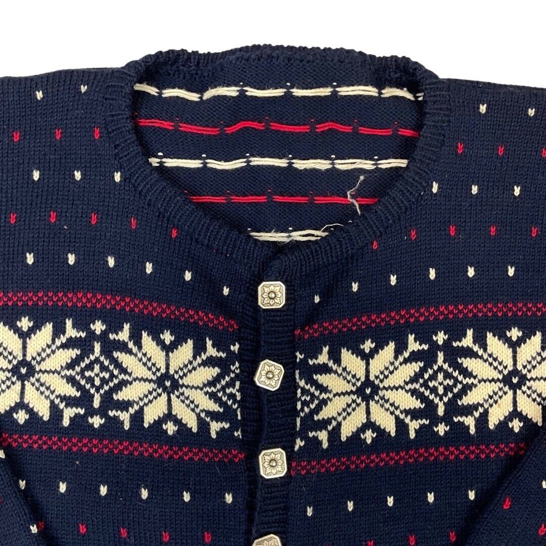 Vintage 80s 90s Blue Scandinavian Norwegian Style Patterned Knit Cardigan 16