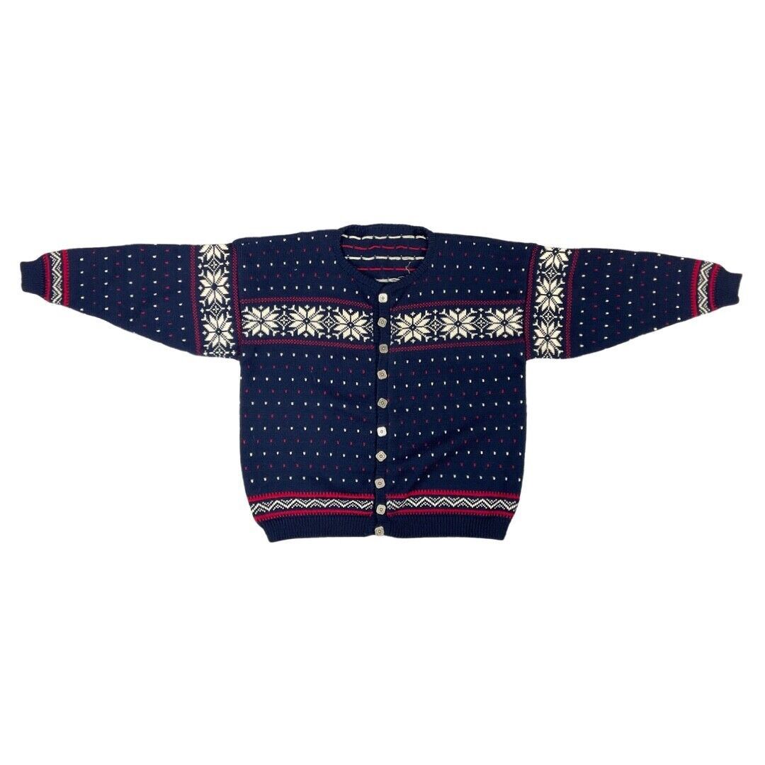 Vintage 80s 90s Blue Scandinavian Norwegian Style Patterned Knit Cardigan 16