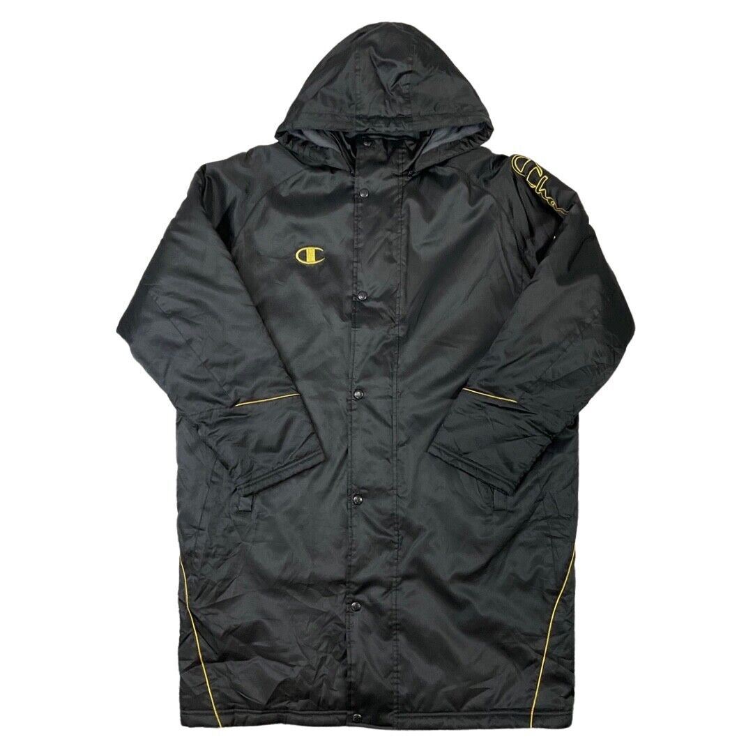 Vintage 90s Black Gold Embroidered Champion Longline Coat L