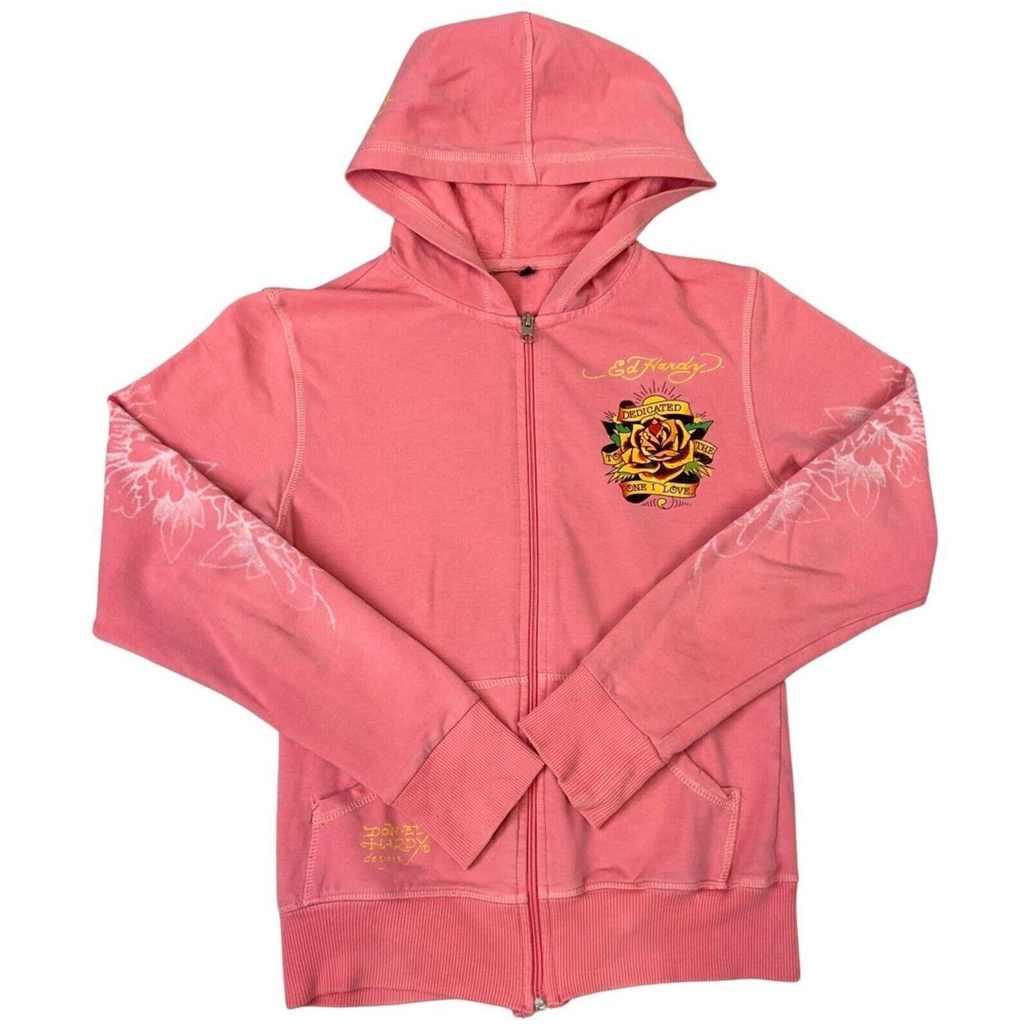 Vintage Y2K Pink Ed Hardy Zip Up Graphic Print Hoodie 8 10