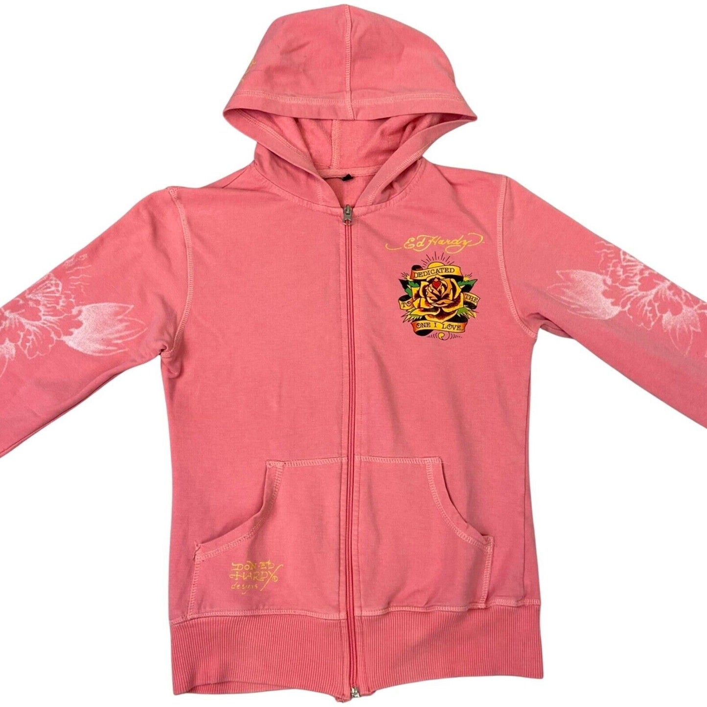 Vintage Y2K Pink Ed Hardy Zip Up Graphic Print Hoodie 8 10