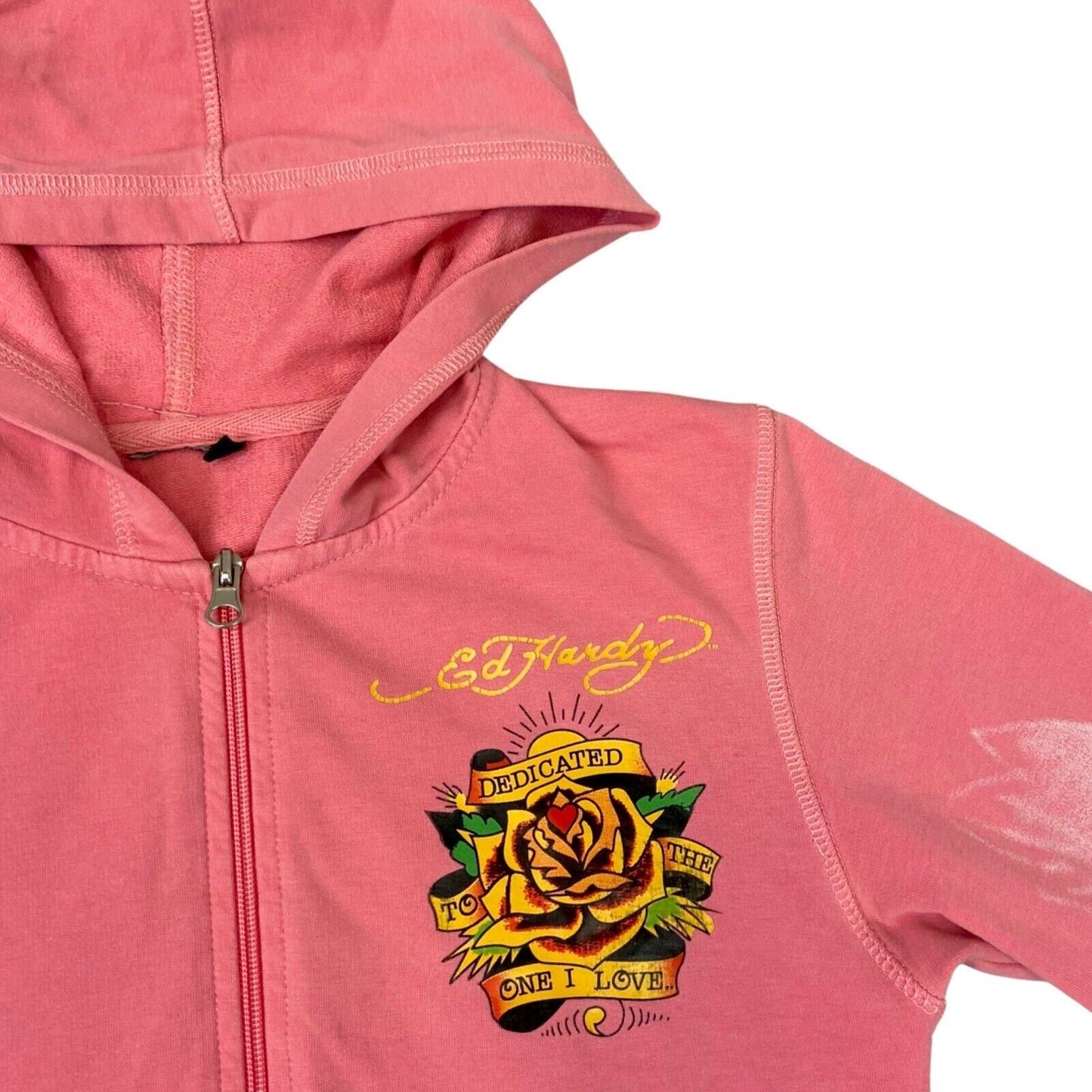 Vintage Y2K Pink Ed Hardy Zip Up Graphic Print Hoodie 8 10