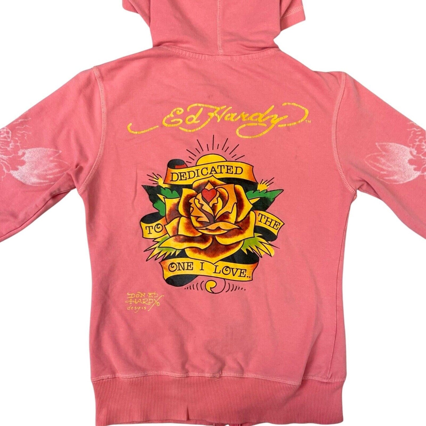 Vintage Y2K Pink Ed Hardy Zip Up Graphic Print Hoodie 8 10