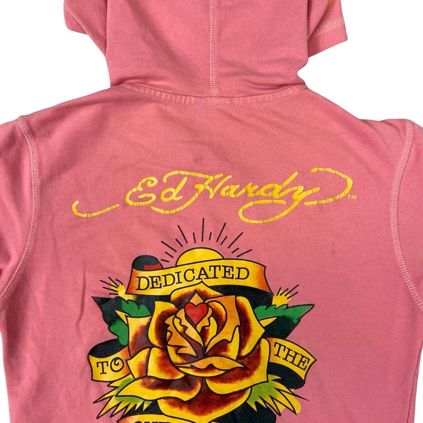 Vintage Y2K Pink Ed Hardy Zip Up Graphic Print Hoodie 8 10