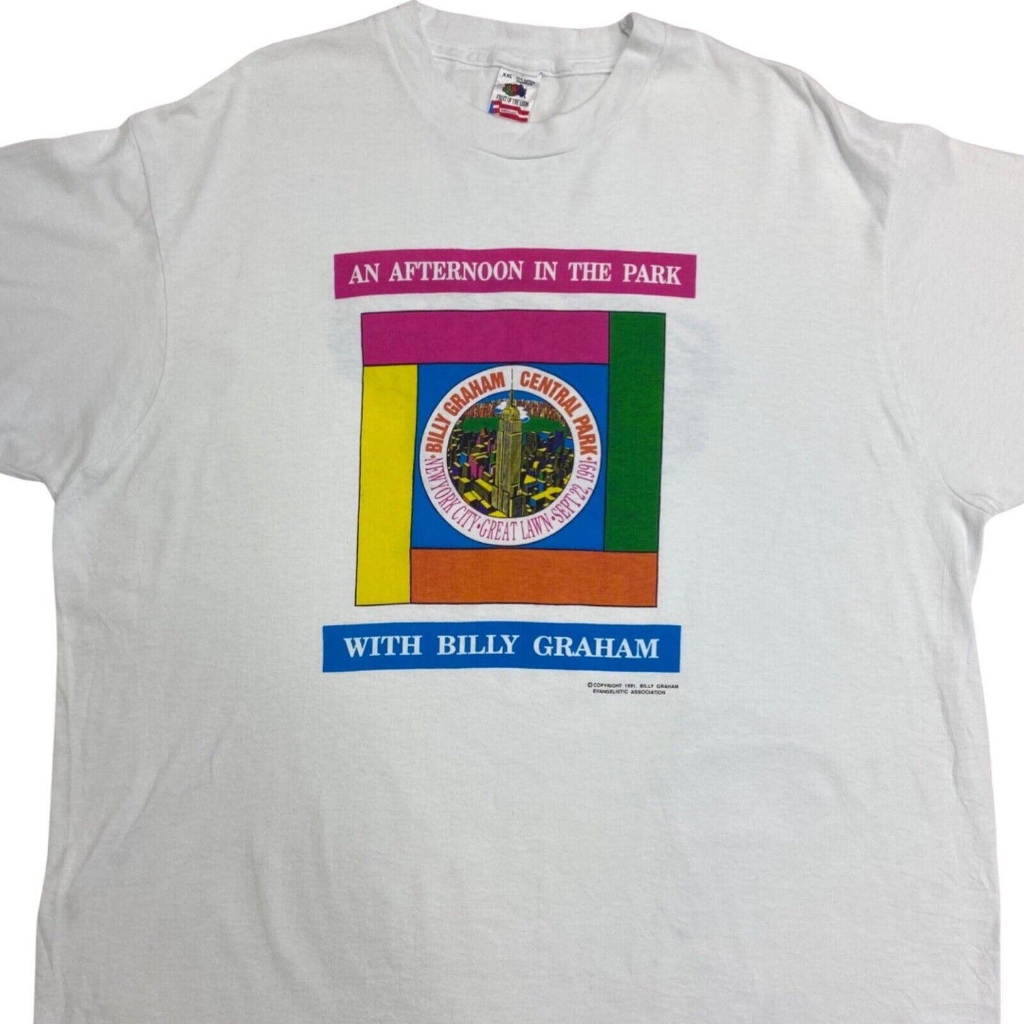 Vintage 1991 White Billy Graham Central Park Graphic Print T-shirt L