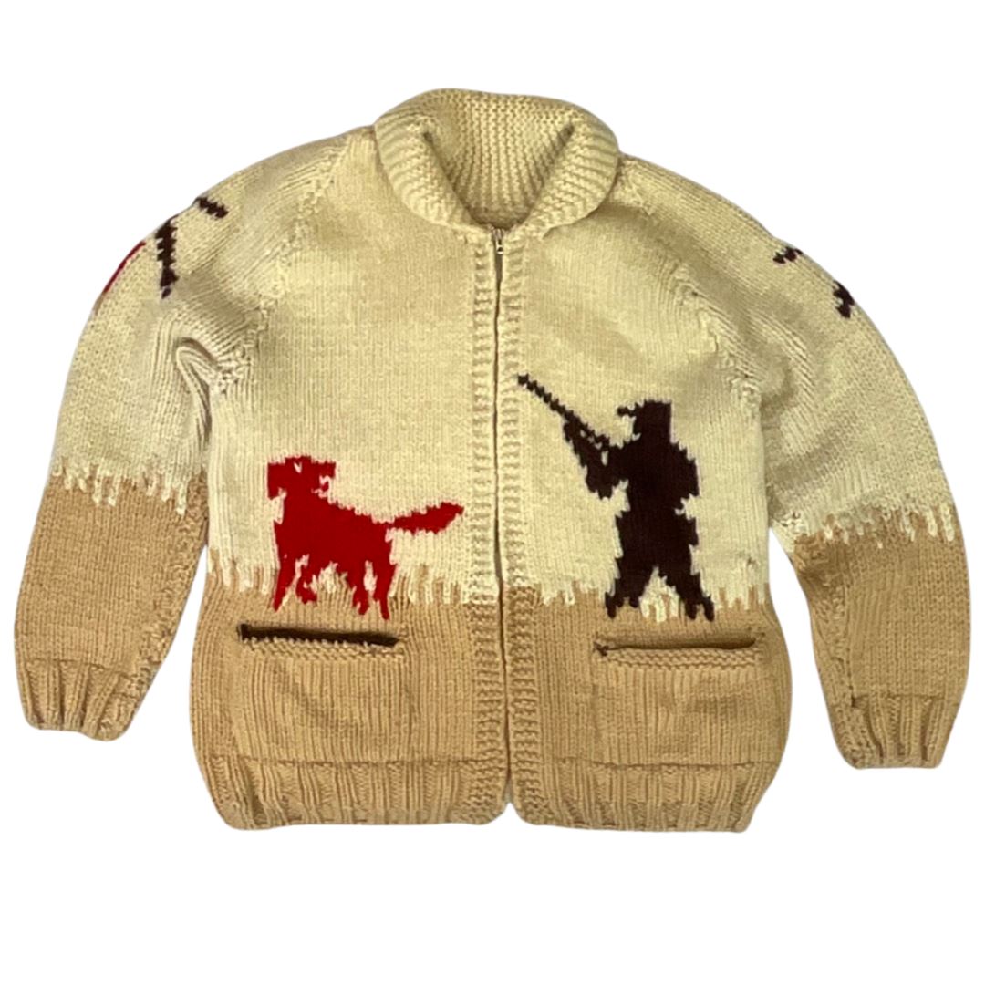 VTG 50s MENS MARY MAXIM COWICHAN GRAPHIC KNIT HUNTING ROCKABILLY CARDIGAN M 38”