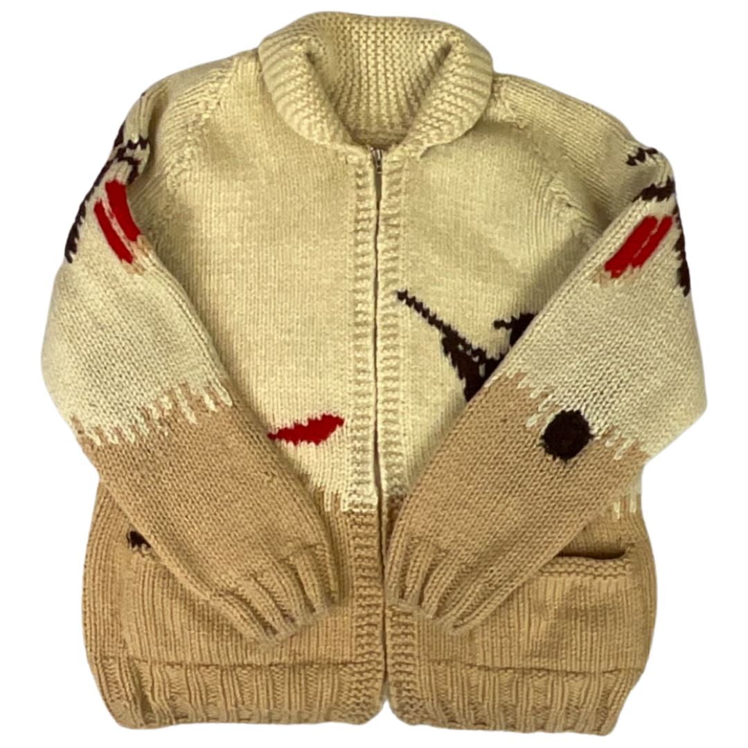 VTG 50s MENS MARY MAXIM COWICHAN GRAPHIC KNIT HUNTING ROCKABILLY CARDIGAN M 38”
