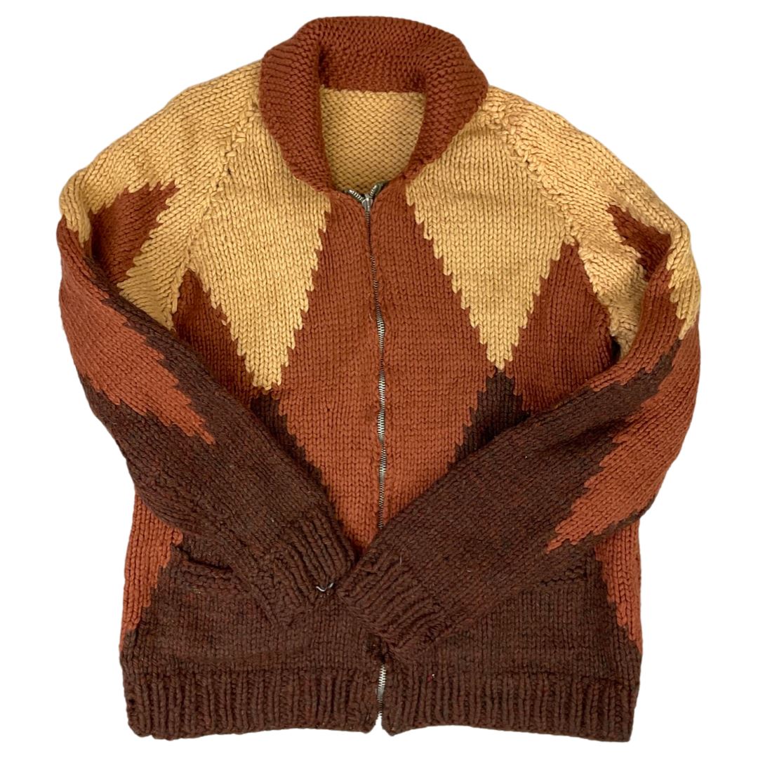 VINTAGE 1960S MENS BROWN WOOL COWICHAN GRAPHIC KNIT ROCKABILLY CARDIGAN 36” S