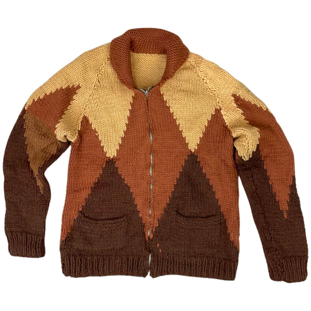 VINTAGE 1960S MENS BROWN WOOL COWICHAN GRAPHIC KNIT ROCKABILLY CARDIGAN 36” S