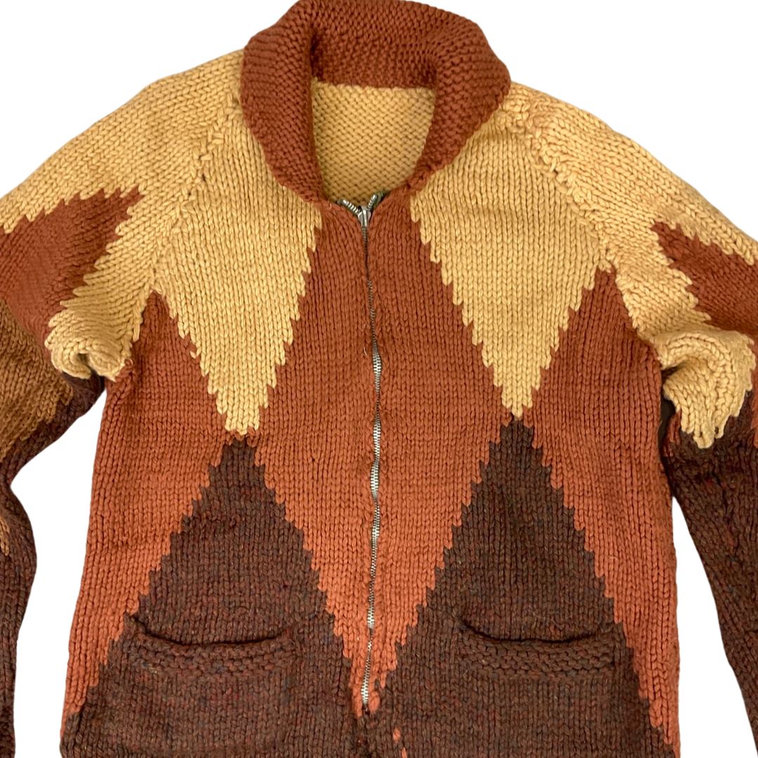 VINTAGE 1960S MENS BROWN WOOL COWICHAN GRAPHIC KNIT ROCKABILLY CARDIGAN 36” S