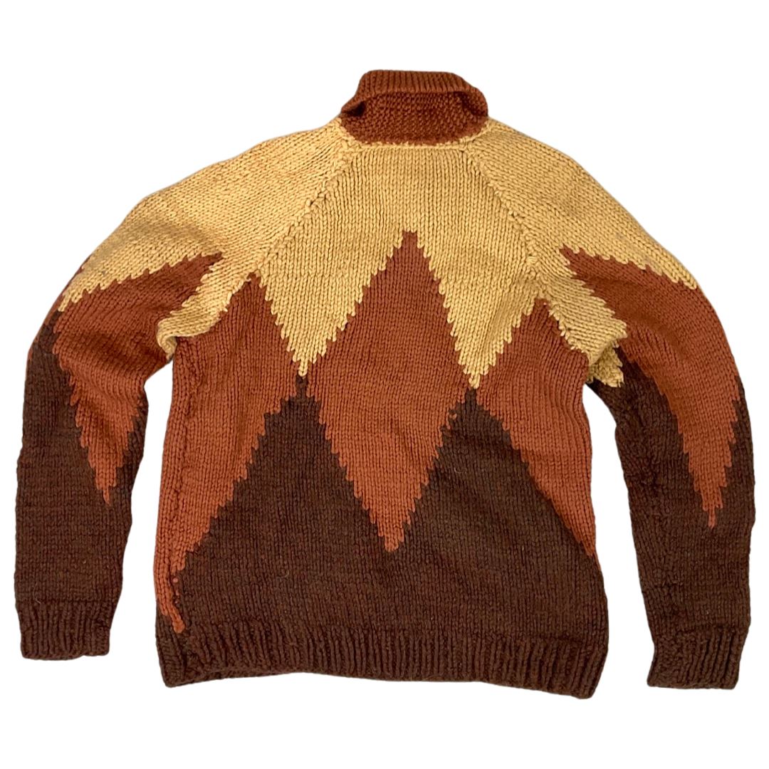 VINTAGE 1960S MENS BROWN WOOL COWICHAN GRAPHIC KNIT ROCKABILLY CARDIGAN 36” S