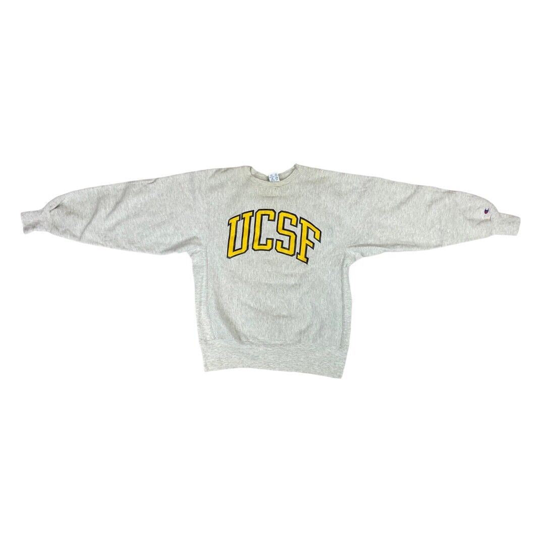 Vintage 90s Grey UCSF Champion Logo Print Reverse Weave Crew Neck Jumper L